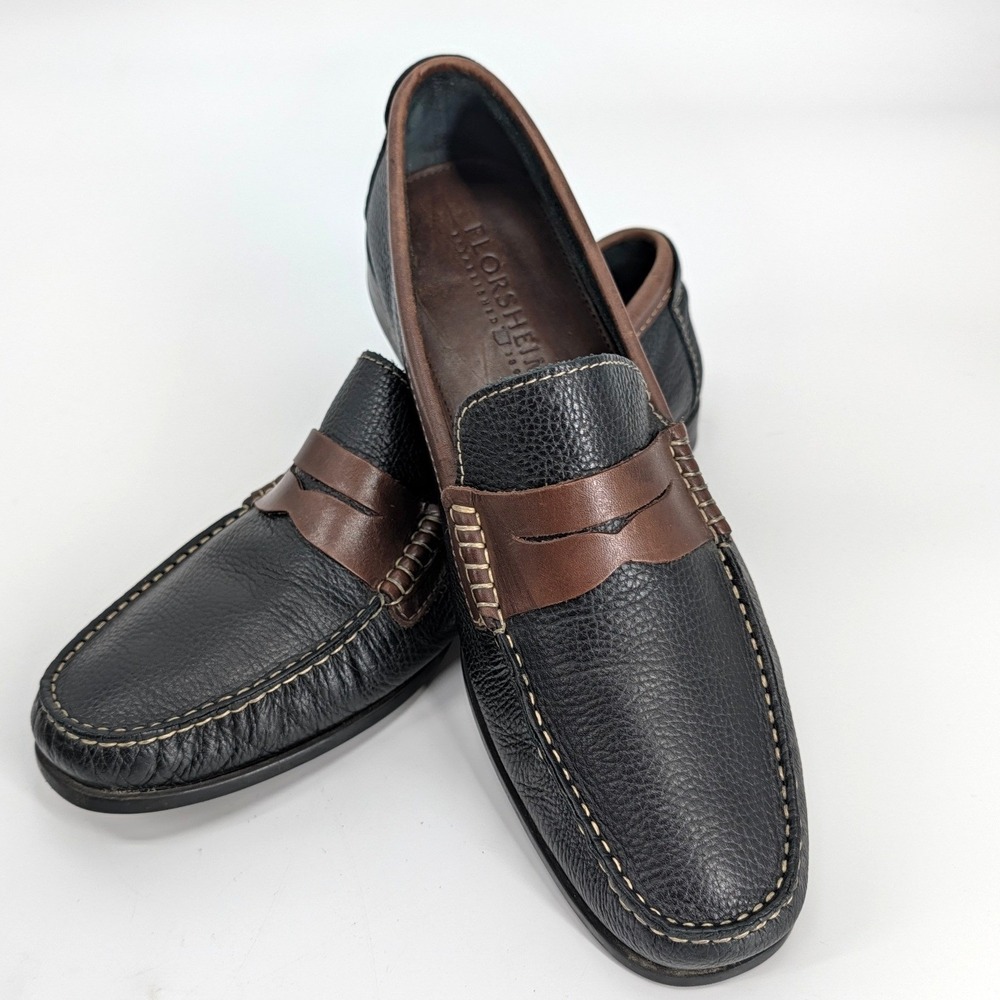 Florsheim Mens Two Tone Pebbled Leather Penny Loafers Black Brown Size 13D Spain